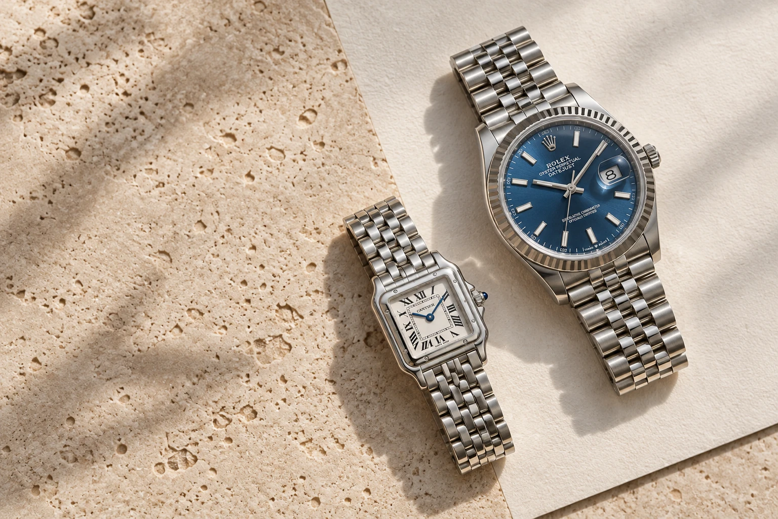 صورة توضيحية لساعة Rolex Datejust بميناء أزرق وساعة Cartier Panthère على حجر فاتح